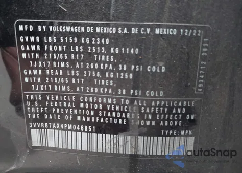 2023 Volkswagen Tiguan 2.0T S from USA, damaged, VIN 3VVRB7AX4PM046851